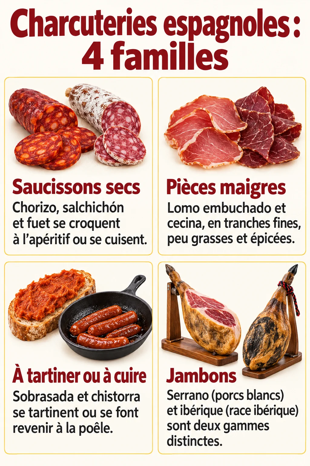 Charcuteries espagnoles : 4 familles : Saucissons secs, Pièces maigres, À tartiner ou à cuire, Jambons