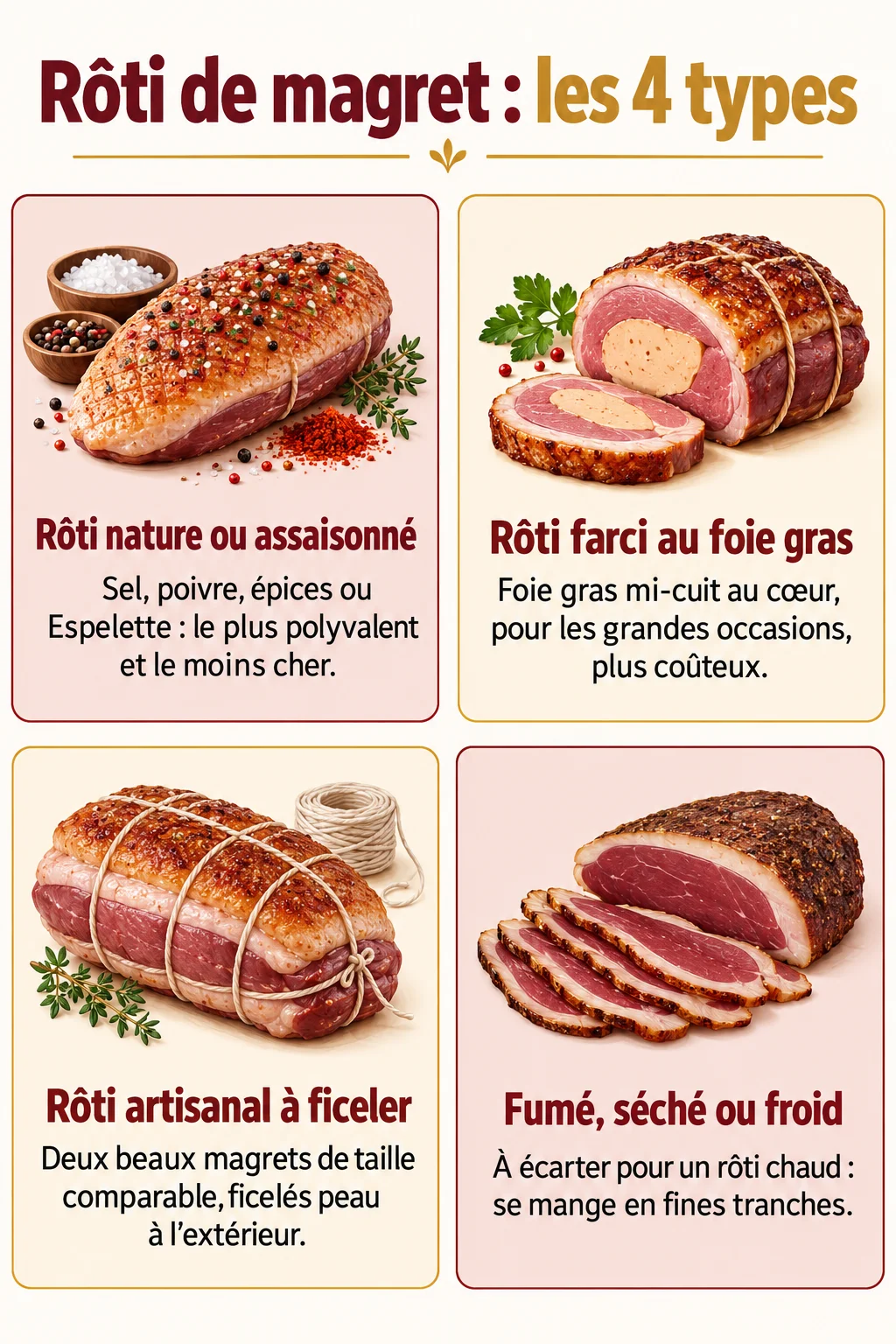 Rôti de magret : les 4 types : Rôti nature ou assaisonné, Rôti farci au foie gras, Rôti artisanal à ficeler, Fumé, séché ou froid