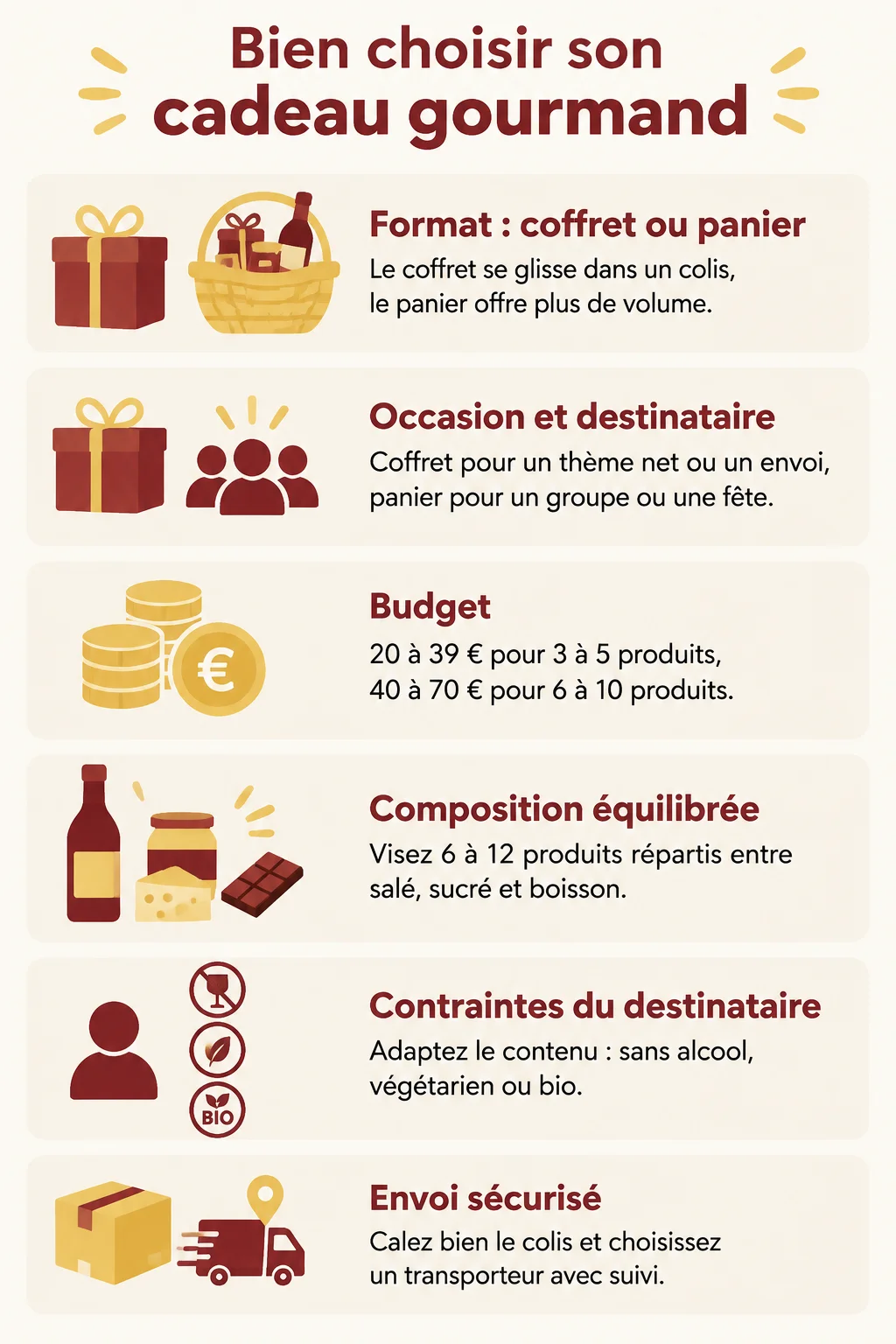 Bien choisir son cadeau gourmand : Format : coffret ou panier, Occasion et destinataire, Budget, Composition équilibrée, Contraintes du destinataire, Envoi sécurisé
