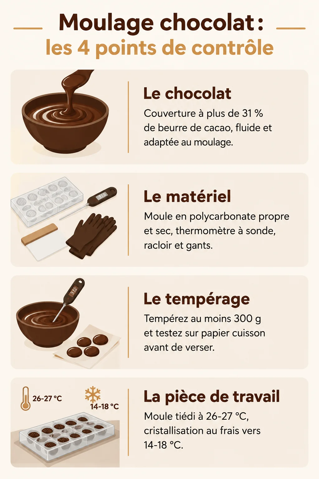 Moulage chocolat : les 4 points de contrôle : Le chocolat, Le matériel, Le tempérage, La pièce de travail