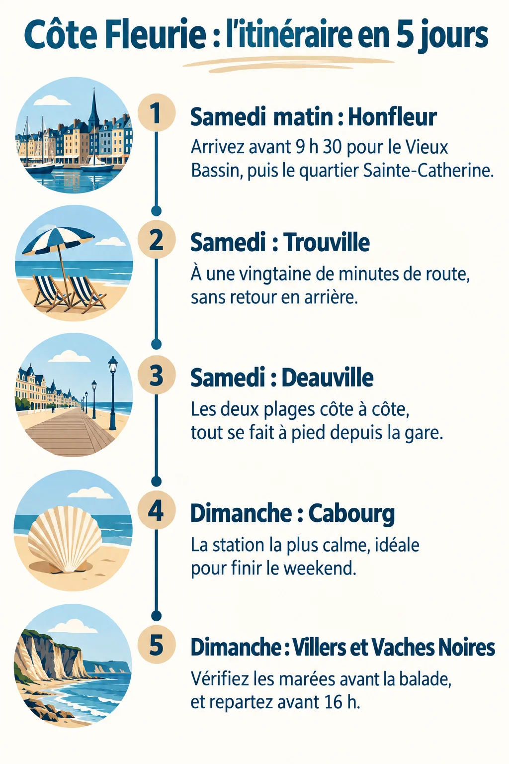 Côte Fleurie : l'itinéraire en 5 jours : 1. Samedi matin : Honfleur, 2. Samedi : Trouville, 3. Samedi : Deauville, 4. Dimanche : Cabourg, 5. Dimanche : Villers et Vaches Noires