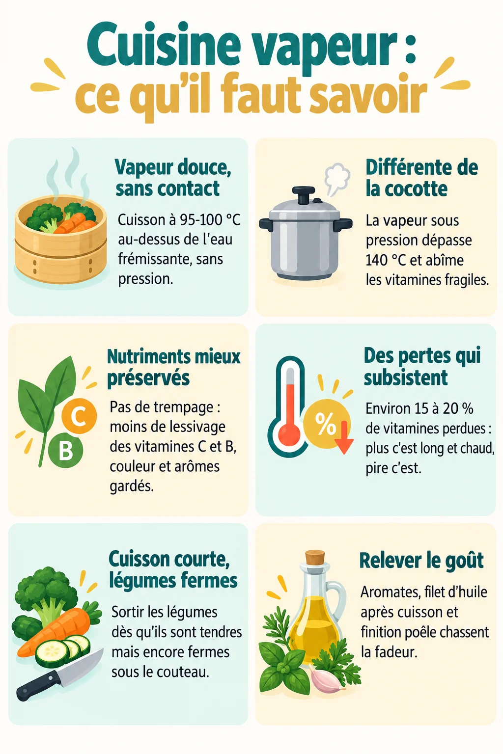 Cuisine vapeur : ce qu'il faut savoir : Vapeur douce, sans contact, Différente de la cocotte, Nutriments mieux préservés, Des pertes qui subsistent, Cuisson courte, légumes fermes, Relever le goût