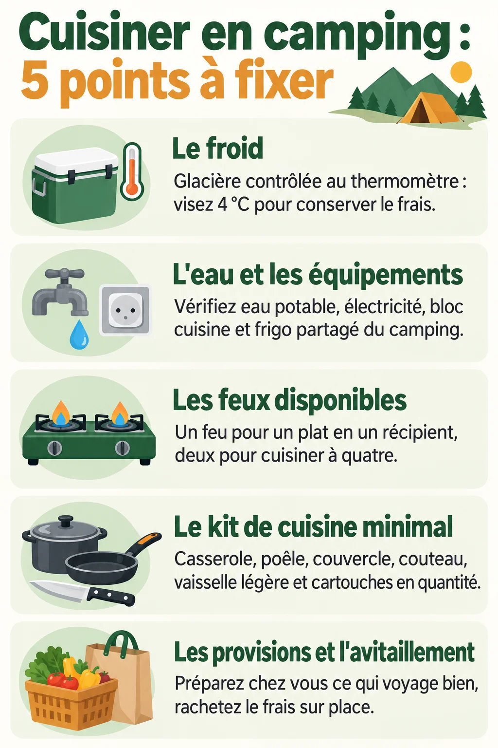 Cuisiner en camping : 5 points à fixer : Le froid, L'eau et les équipements, Les feux disponibles, Le kit de cuisine minimal, Les provisions et l'avitaillement