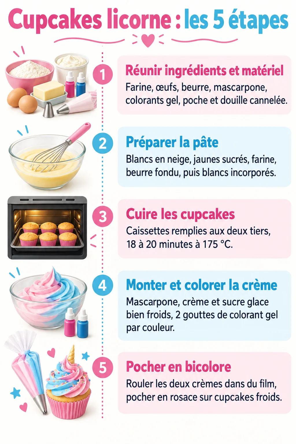 Cupcakes licorne : les 5 étapes : 1. Réunir ingrédients et matériel, 2. Préparer la pâte, 3. Cuire les cupcakes, 4. Monter et colorer la crème, 5. Pocher en bicolore