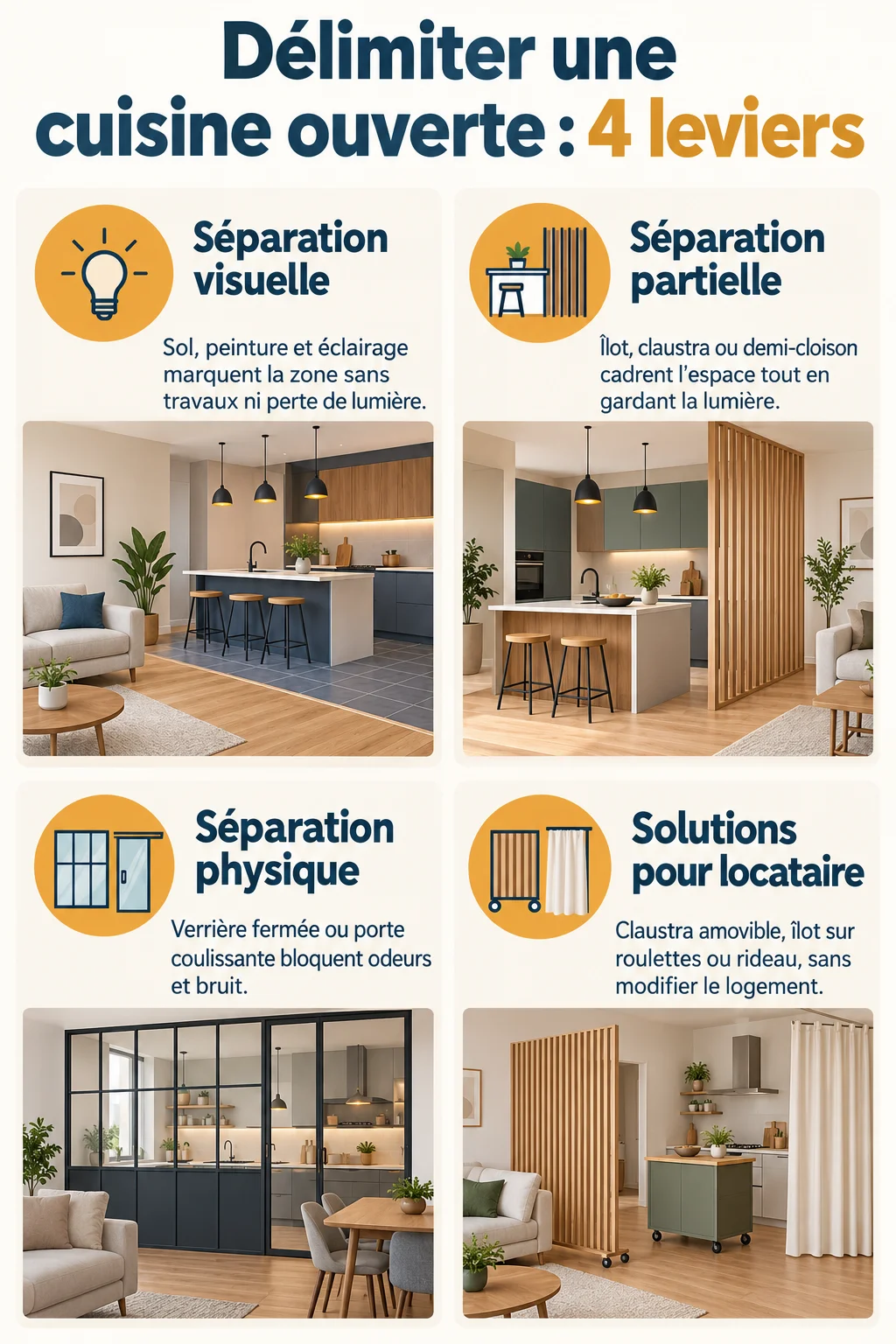Délimiter une cuisine ouverte : 4 leviers : Séparation visuelle, Séparation partielle, Séparation physique, Solutions pour locataire