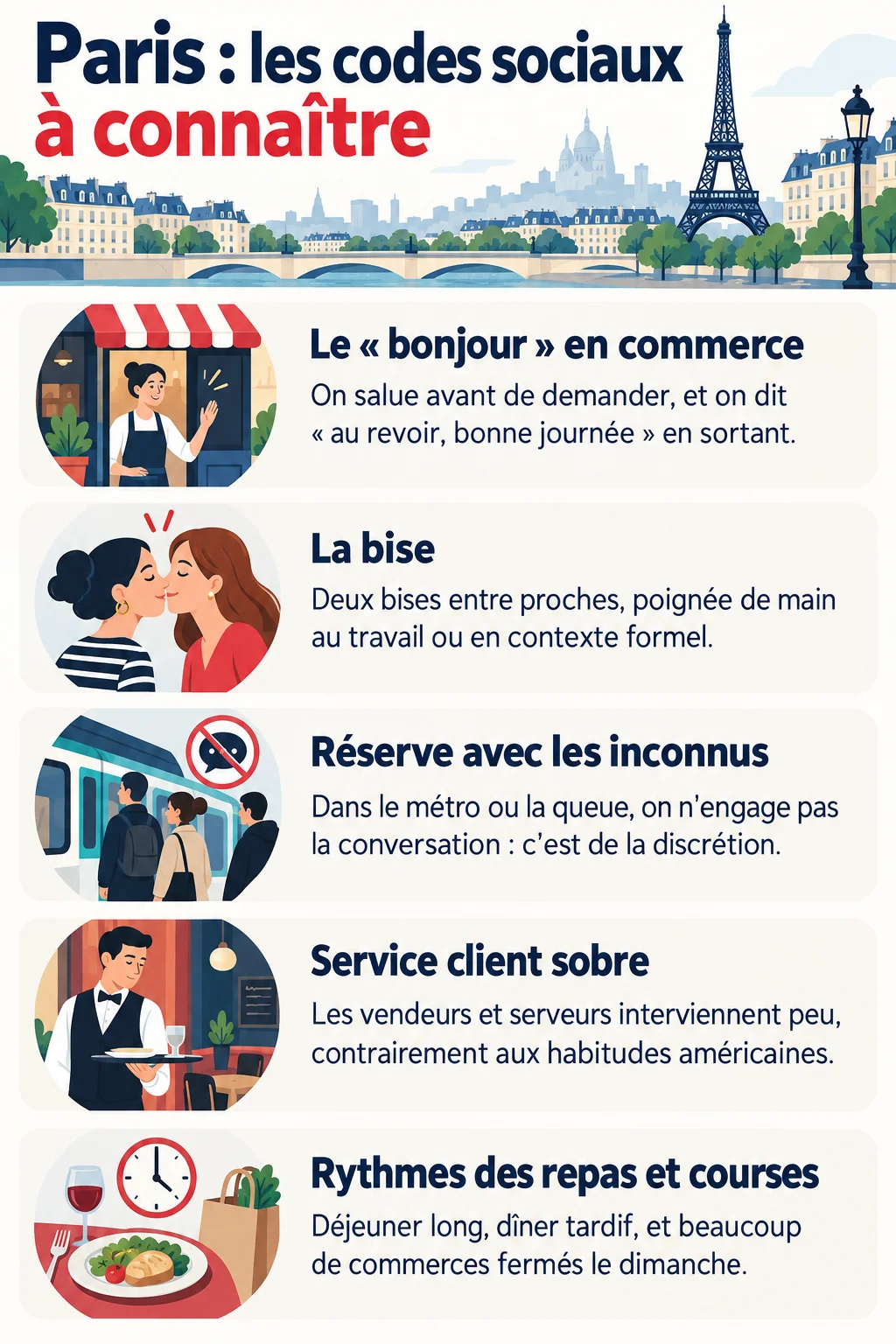 Paris : les codes sociaux à connaître : Le « bonjour » en commerce, La bise, Réserve avec les inconnus, Service client sobre, Rythmes des repas et courses