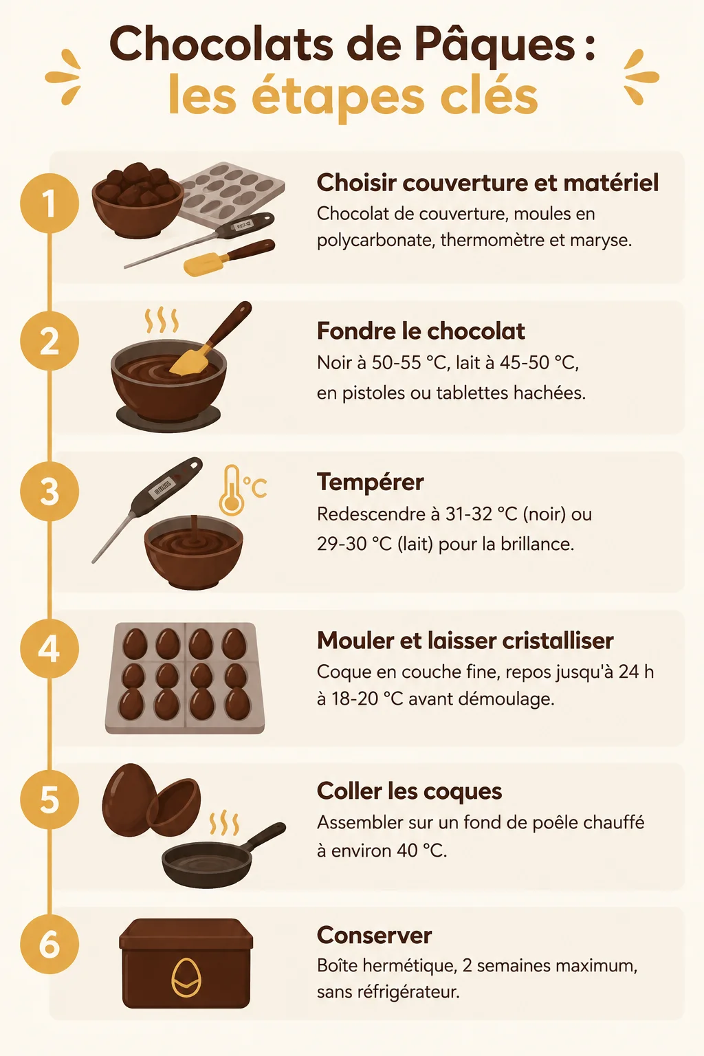 Chocolats de Pâques : les étapes clés : 1. Choisir couverture et matériel, 2. Fondre le chocolat, 3. Tempérer, 4. Mouler et laisser cristalliser, 5. Coller les coques, 6. Conserver