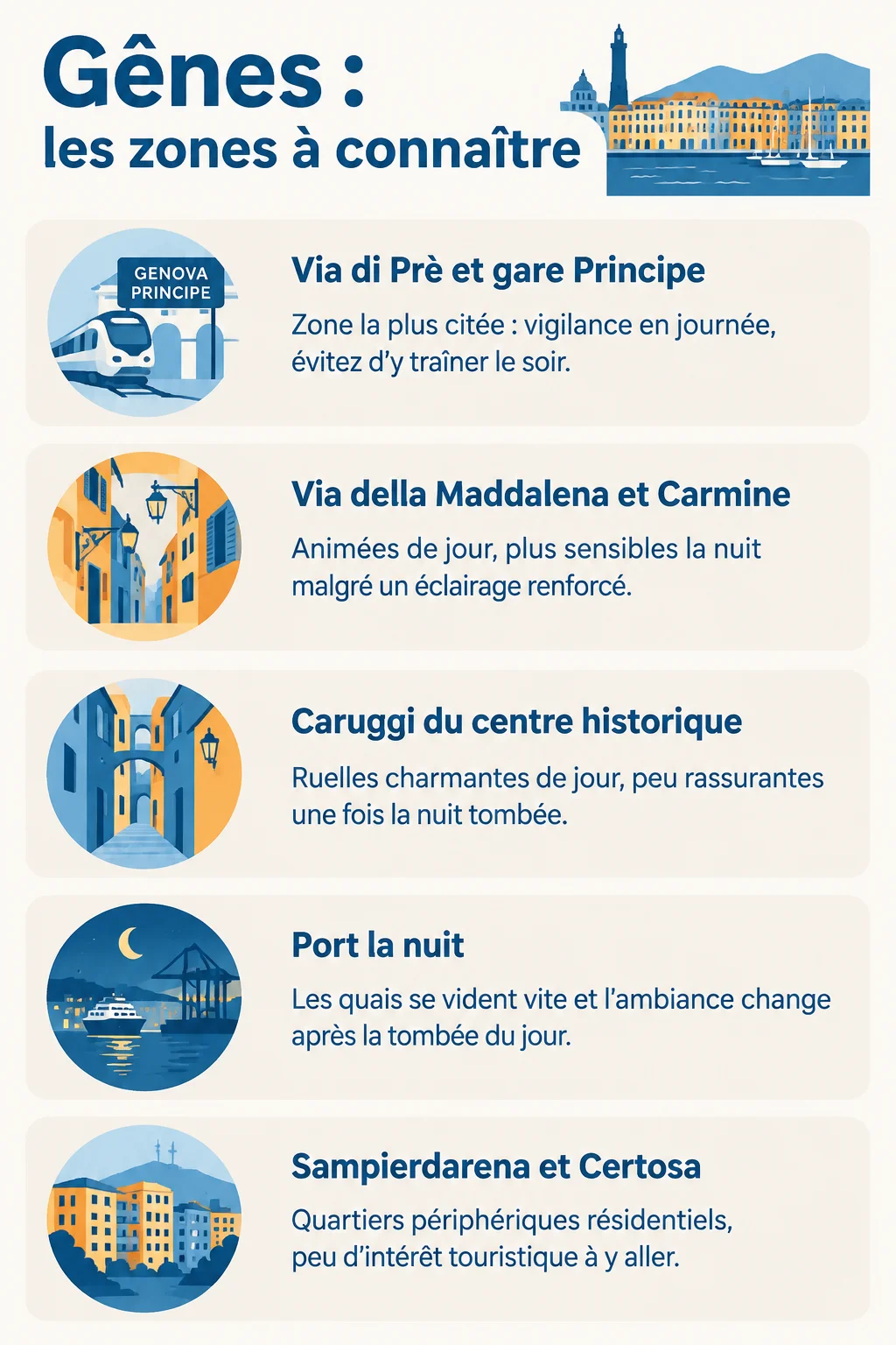 Gênes : les zones à connaître : Via di Prè et gare Principe, Via della Maddalena et Carmine, Caruggi du centre historique, Port la nuit, Sampierdarena et Certosa