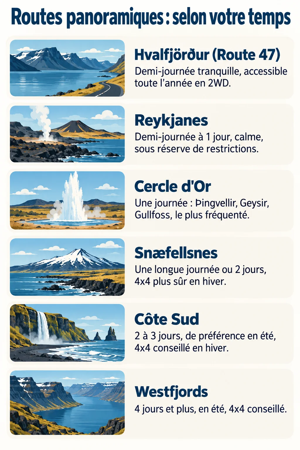 Routes panoramiques : selon votre temps : Hvalfjörður (Route 47), Reykjanes, Cercle d'Or, Snæfellsnes, Côte Sud, Westfjords