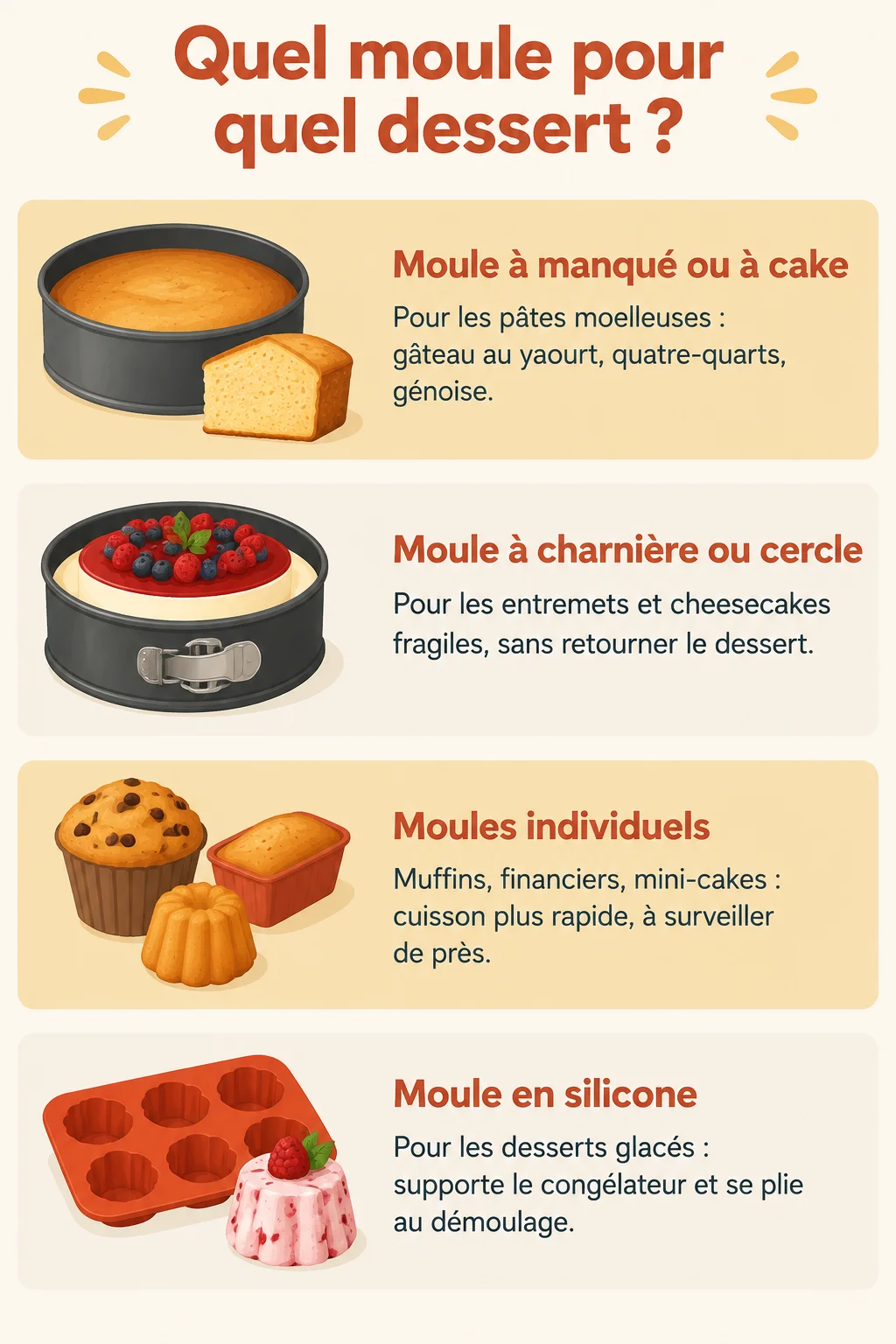 Quel moule pour quel dessert ? : Moule à manqué ou à cake, Moule à charnière ou cercle, Moules individuels, Moule en silicone