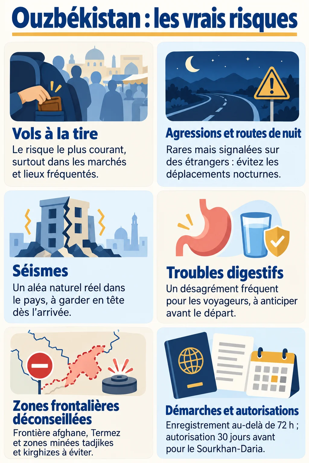 Ouzbékistan : les vrais risques : Vols à la tire, Agressions et routes de nuit, Séismes, Troubles digestifs, Zones frontalières déconseillées, Démarches et autorisations