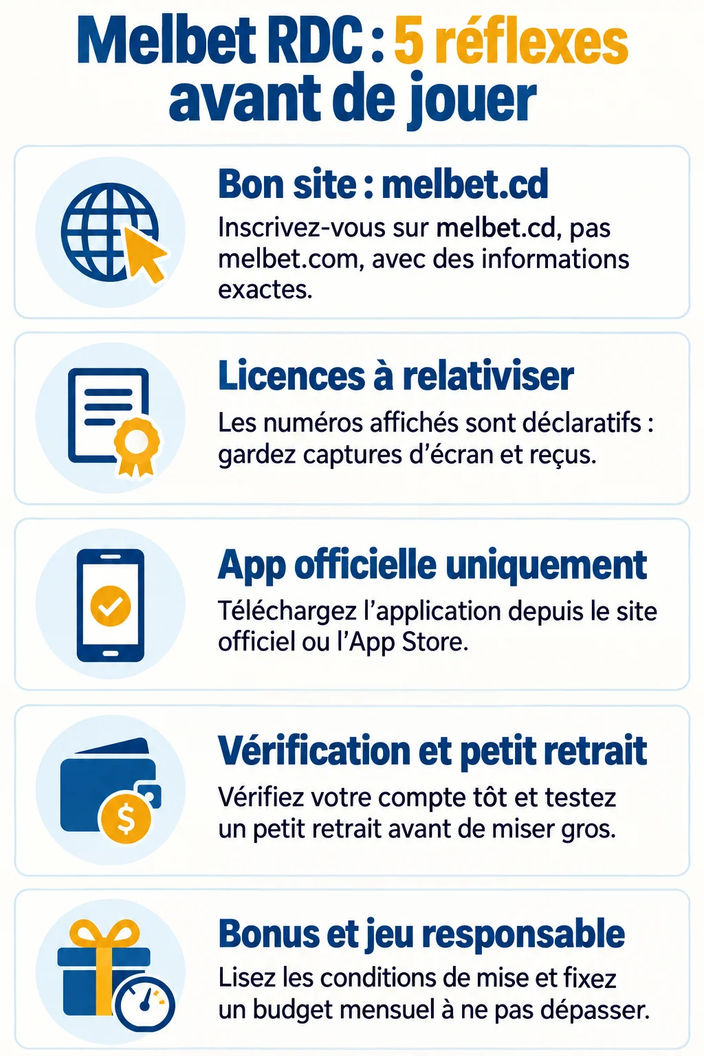 Melbet RDC : 5 réflexes avant de jouer : Bon site : melbet.cd, Licences à relativiser, App officielle uniquement, Vérification et petit retrait, Bonus et jeu responsable