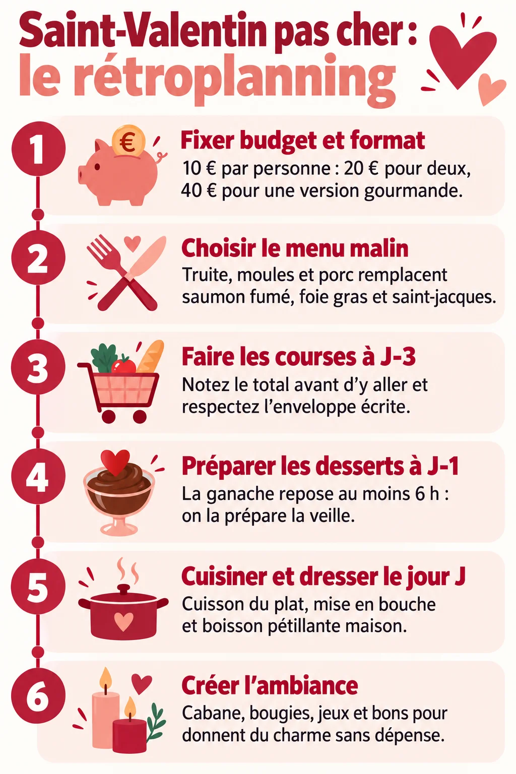 Saint-Valentin pas cher : le rétroplanning : 1. Fixer budget et format, 2. Choisir le menu malin, 3. Faire les courses à J-3, 4. Préparer les desserts à J-1, 5. Cuisiner et dresser le jour J, 6. Créer l'ambiance