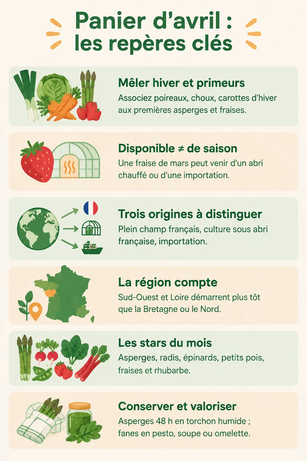 Panier d'avril : les repères clés : Mêler hiver et primeurs, Disponible ≠ de saison, Trois origines à distinguer, La région compte, Les stars du mois, Conserver et valoriser