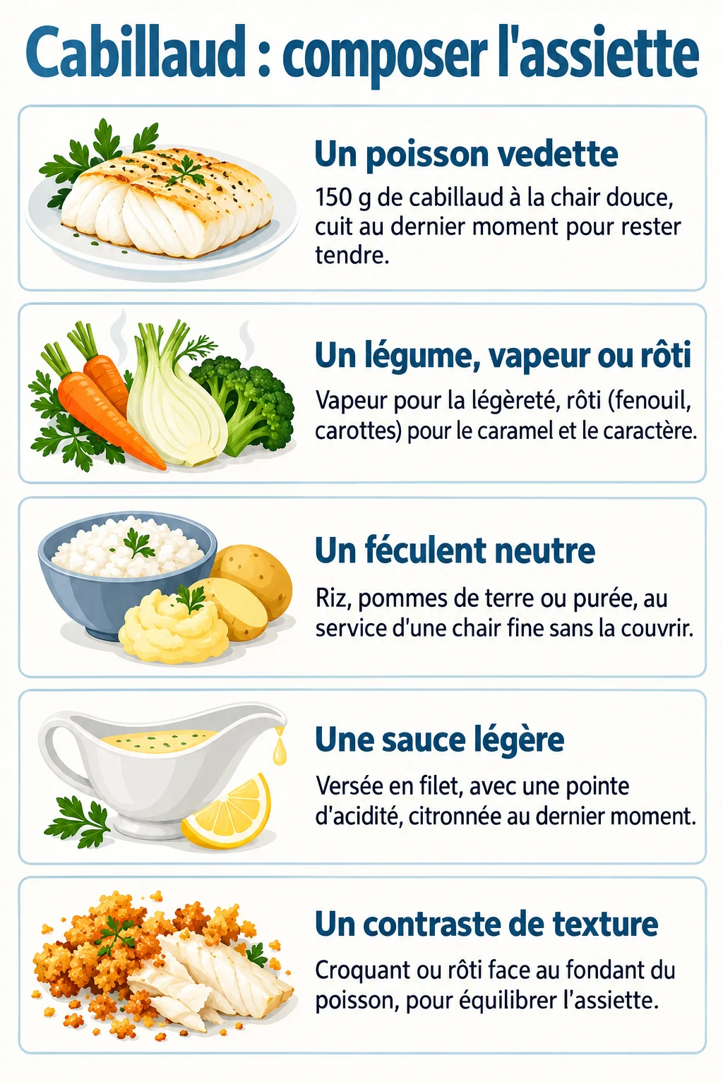 Cabillaud : composer l'assiette : Un poisson vedette, Un légume, vapeur ou rôti, Un féculent neutre, Une sauce légère, Un contraste de texture