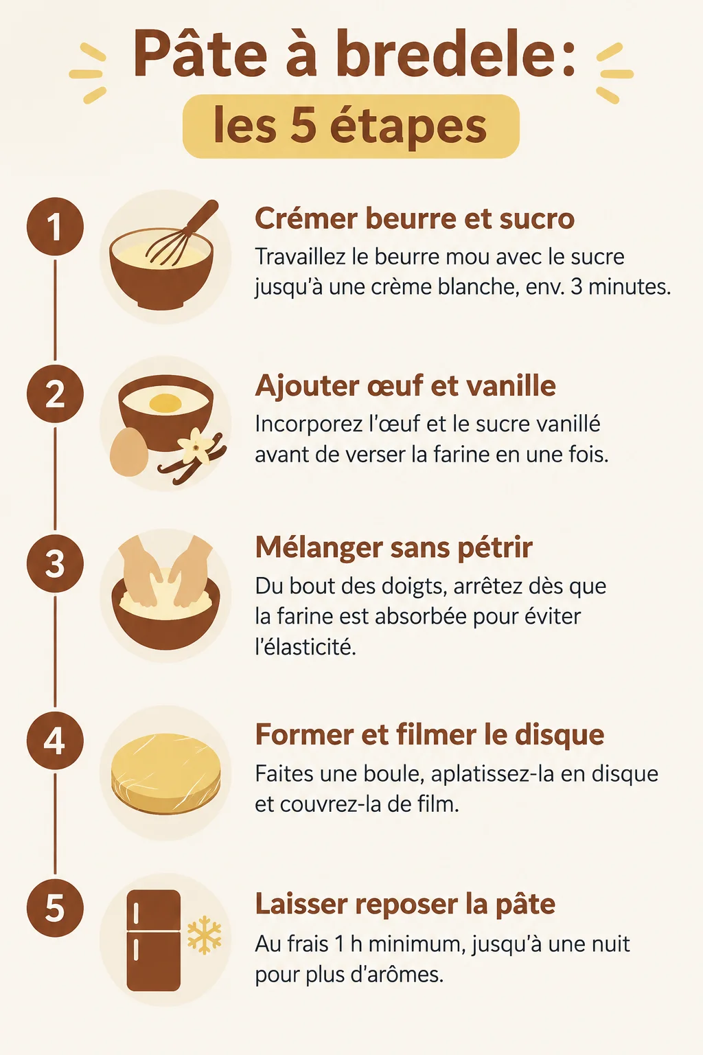 Pâte à bredele : les 5 étapes : 1. Crémer beurre et sucre, 2. Ajouter œuf et vanille, 3. Mélanger sans pétrir, 4. Former et filmer le disque, 5. Laisser reposer la pâte