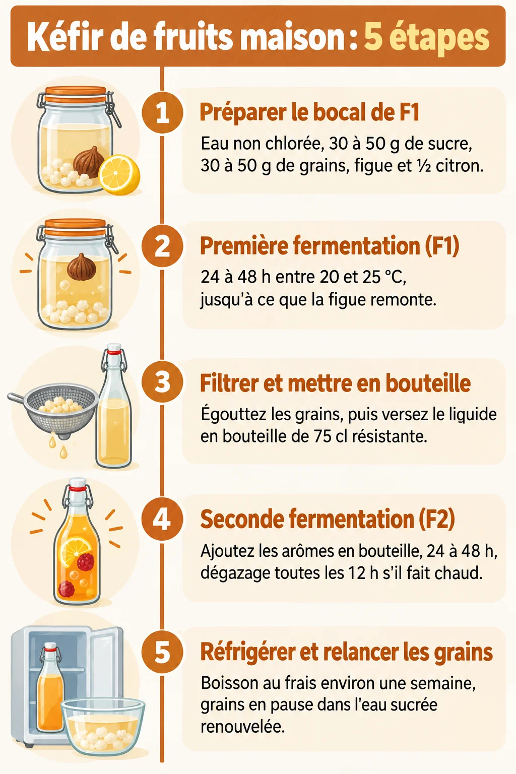 Kéfir de fruits maison : 5 étapes : 1. Préparer le bocal de F1, 2. Première fermentation (F1), 3. Filtrer et mettre en bouteille, 4. Seconde fermentation (F2), 5. Réfrigérer et relancer les grains