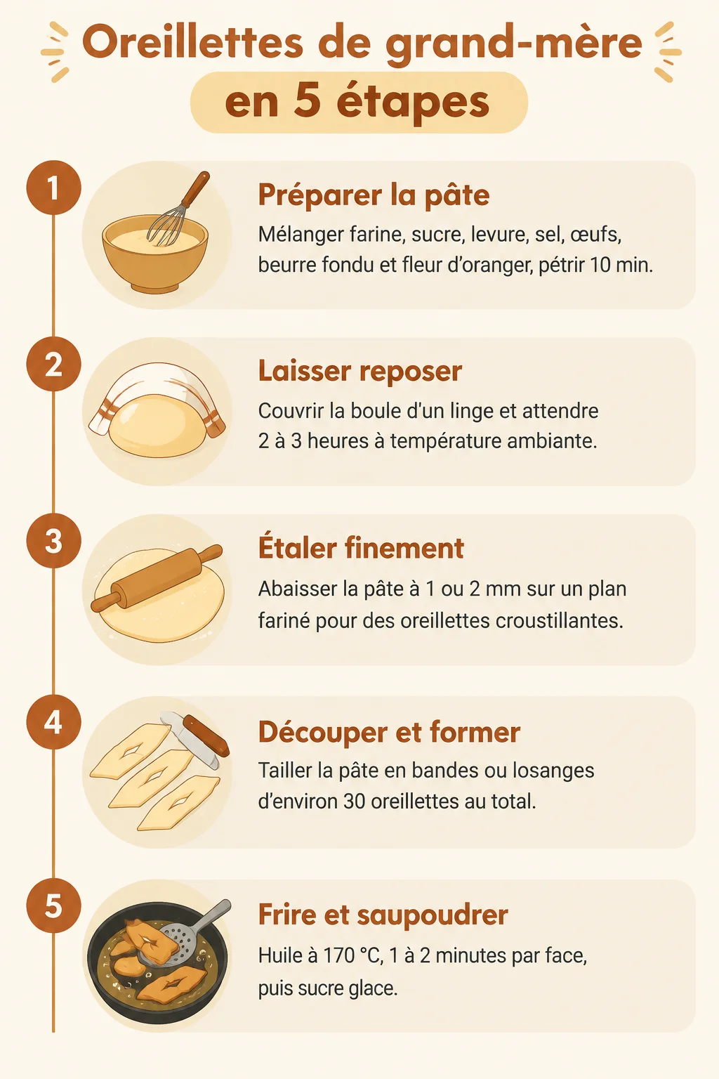 Oreillettes de grand-mère en 5 étapes : 1. Préparer la pâte, 2. Laisser reposer, 3. Étaler finement, 4. Découper et former, 5. Frire et saupoudrer