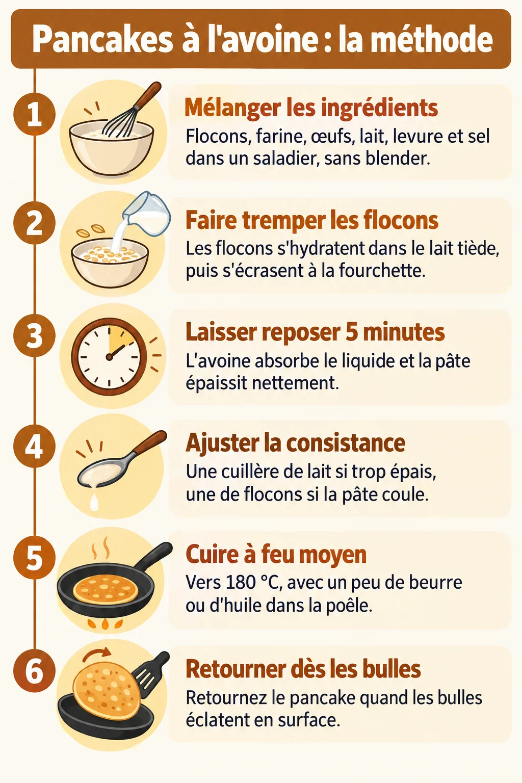 Pancakes à l'avoine : la méthode : 1. Mélanger les ingrédients, 2. Faire tremper les flocons, 3. Laisser reposer 5 minutes, 4. Ajuster la consistance, 5. Cuire à feu moyen, 6. Retourner dès les bulles