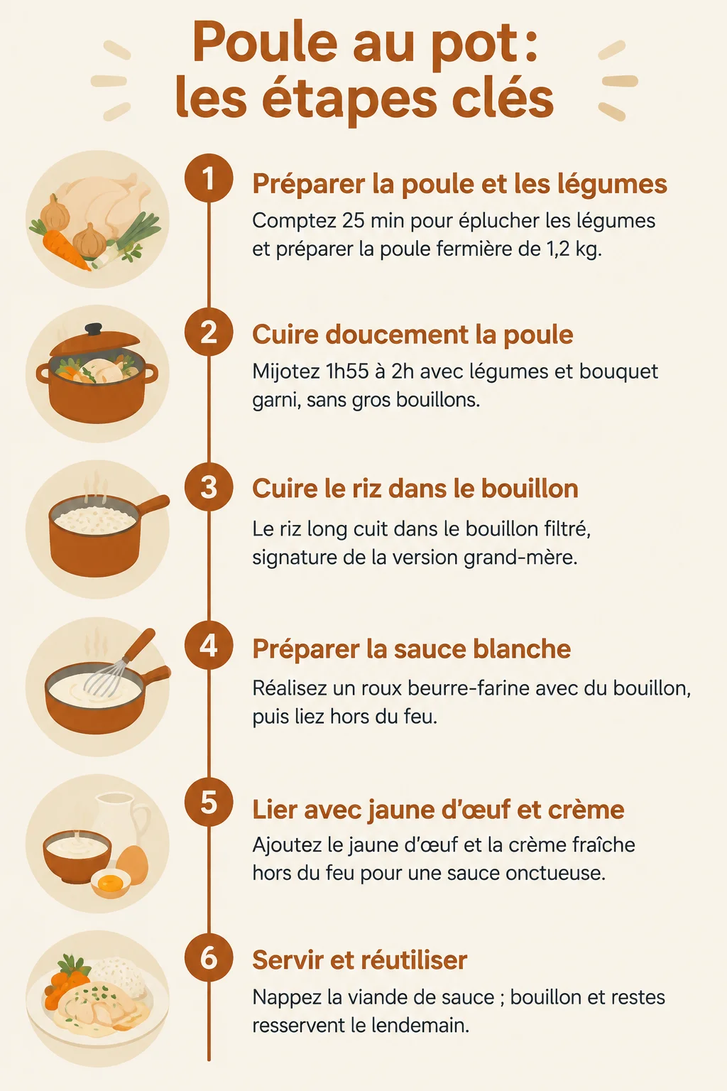 Poule au pot : les étapes clés : 1. Préparer la poule et les légumes, 2. Cuire doucement la poule, 3. Cuire le riz dans le bouillon, 4. Préparer la sauce blanche, 5. Lier avec jaune d'œuf et crème, 6. Servir et réutiliser
