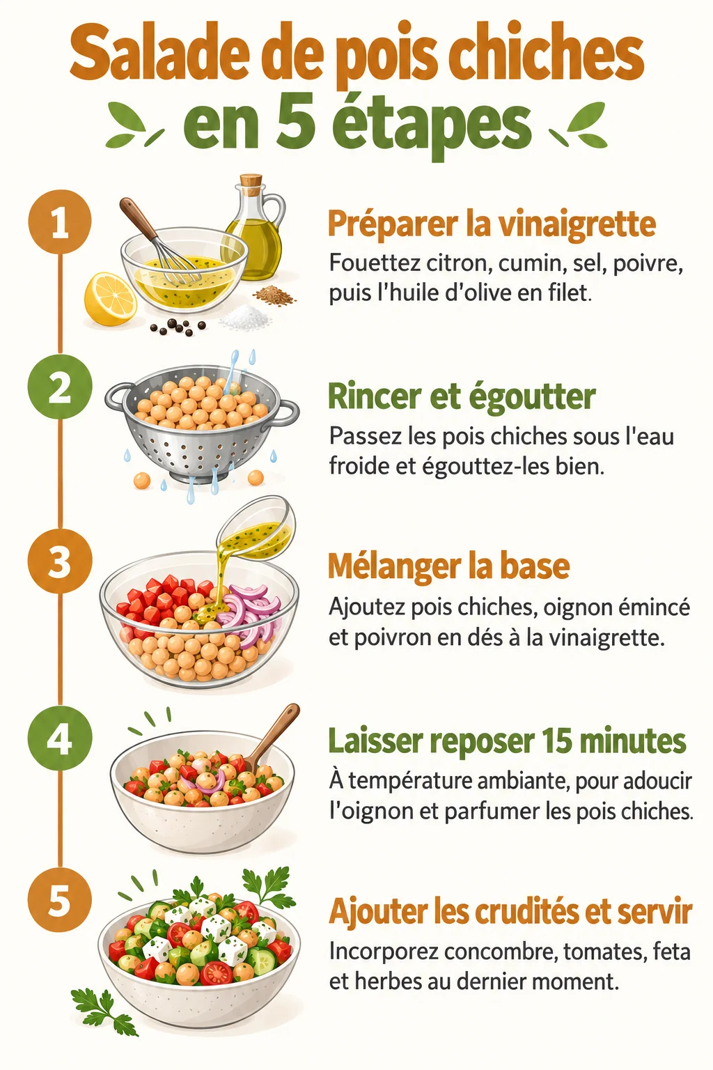 Salade de pois chiches en 5 étapes : 1. Préparer la vinaigrette, 2. Rincer et égoutter, 3. Mélanger la base, 4. Laisser reposer 15 minutes, 5. Ajouter les crudités et servir