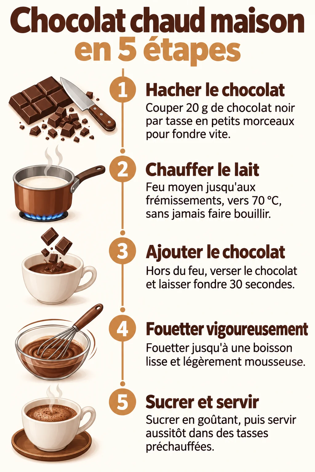 Chocolat chaud maison en 5 étapes : 1. Hacher le chocolat, 2. Chauffer le lait, 3. Ajouter le chocolat, 4. Fouetter vigoureusement, 5. Sucrer et servir