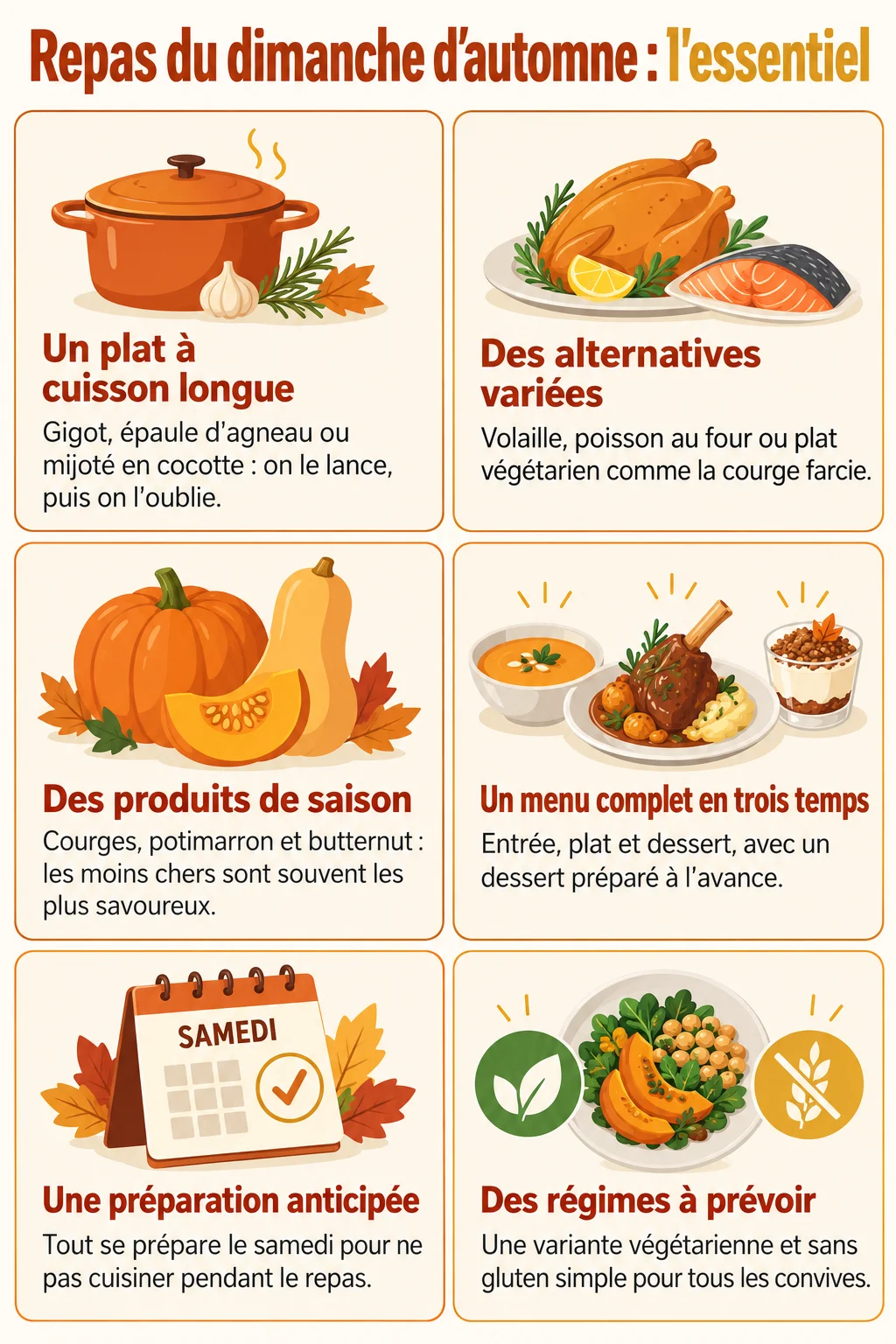 Repas du dimanche d'automne : l'essentiel : Un plat à cuisson longue, Des alternatives variées, Des produits de saison, Un menu complet en trois temps, Une préparation anticipée, Des régimes à prévoir