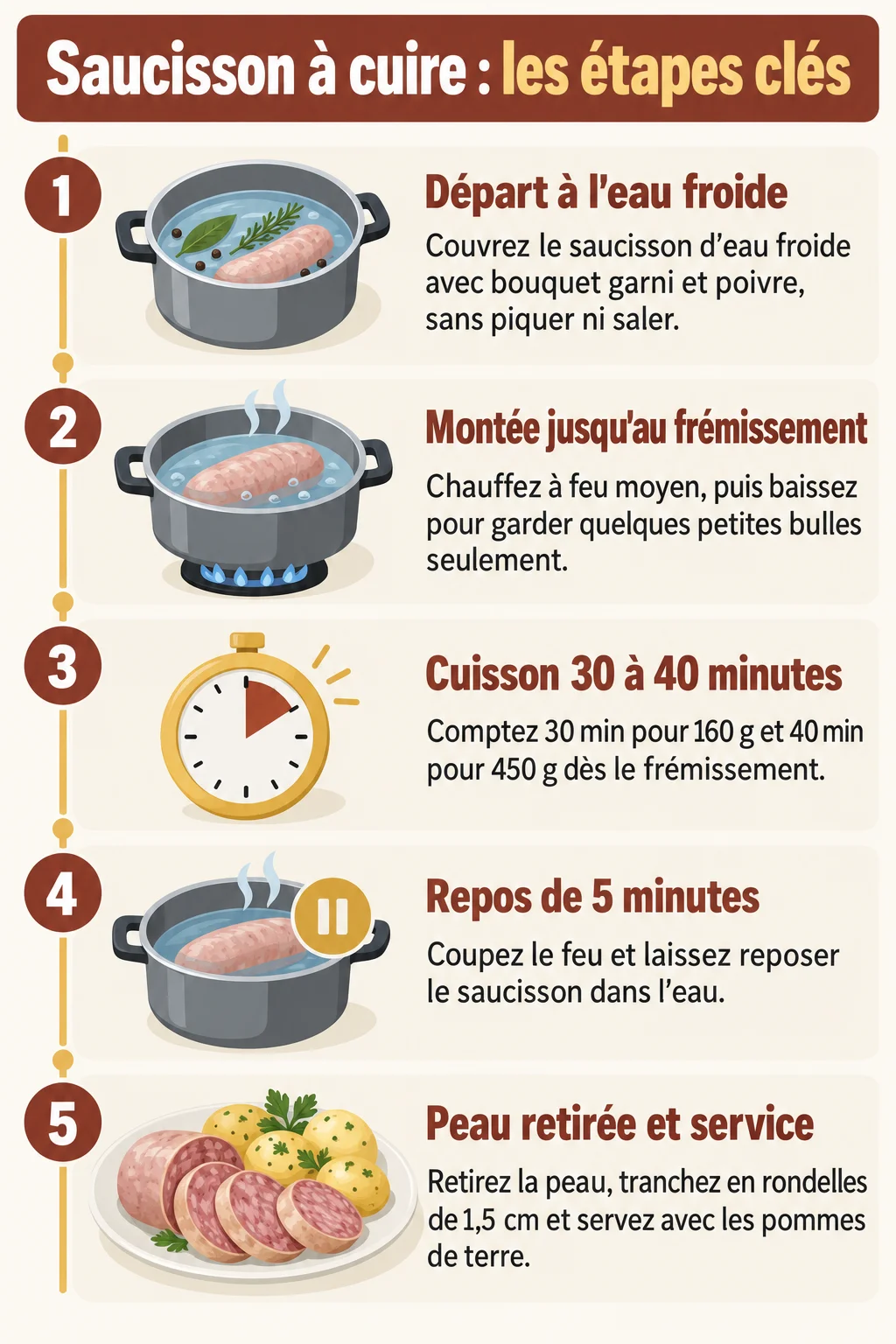 Saucisson à cuire : les étapes clés : 1. Départ à l'eau froide, 2. Montée jusqu'au frémissement, 3. Cuisson 30 à 40 minutes, 4. Repos de 5 minutes, 5. Peau retirée et service