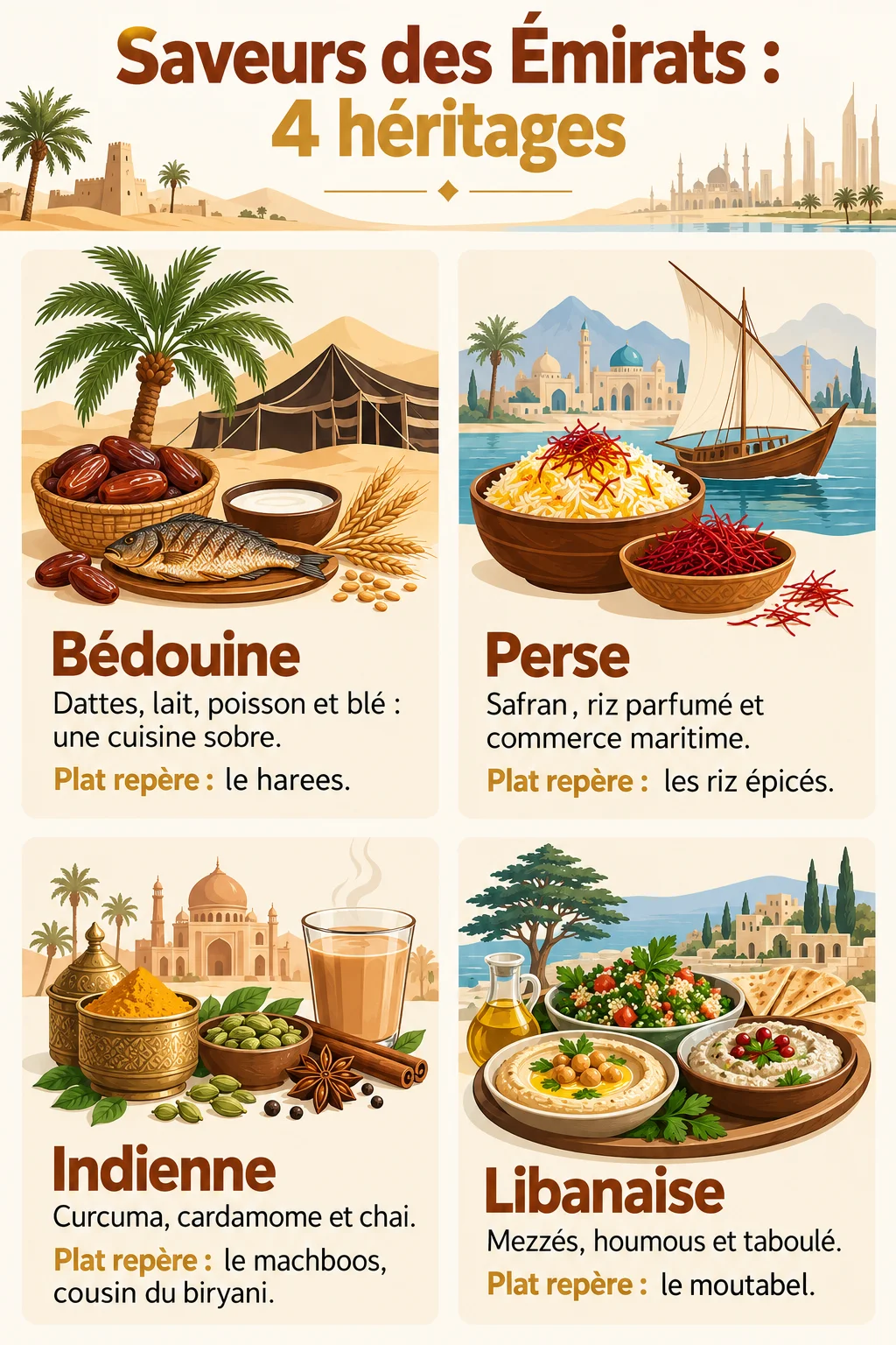 Saveurs des Émirats : 4 héritages : Bédouine, Perse, Indienne, Libanaise