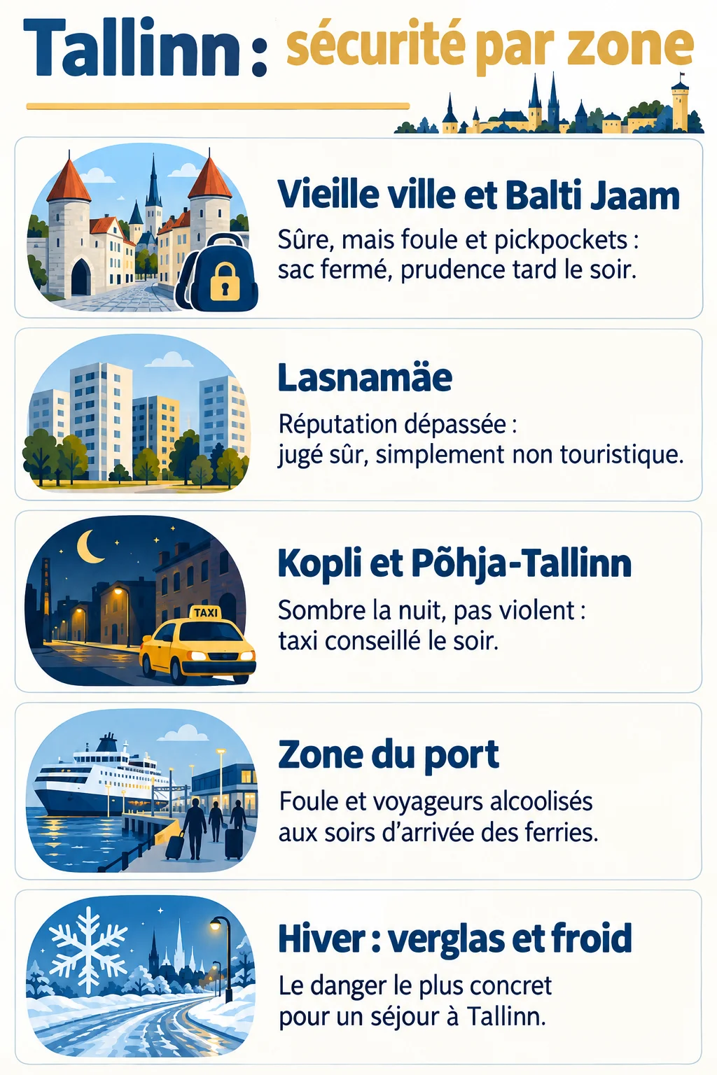 Tallinn : sécurité par zone : Vieille ville et Balti Jaam, Lasnamäe, Kopli et Põhja-Tallinn, Zone du port, Hiver : verglas et froid
