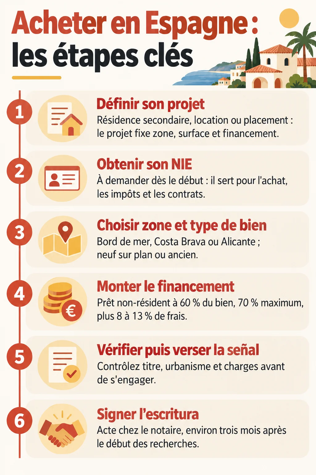 Acheter en Espagne : les étapes clés : 1. Définir son projet, 2. Obtenir son NIE, 3. Choisir zone et type de bien, 4. Monter le financement, 5. Vérifier puis verser la señal, 6. Signer l'escritura