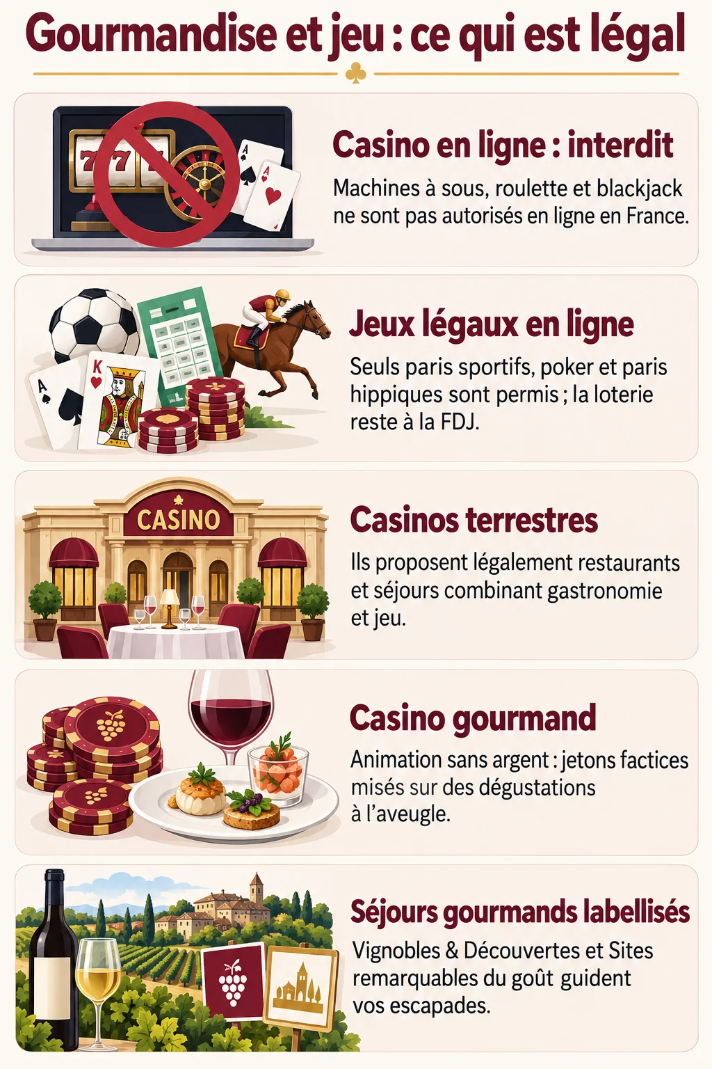 Gourmandise et jeu : ce qui est légal : Casino en ligne : interdit, Jeux légaux en ligne, Casinos terrestres, Casino gourmand, Séjours gourmands labellisés