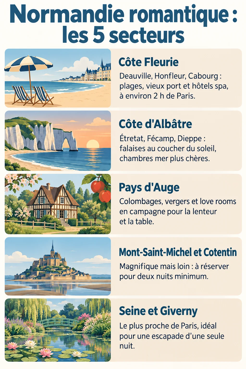 Normandie romantique : les 5 secteurs : Côte Fleurie, Côte d'Albâtre, Pays d'Auge, Mont-Saint-Michel et Cotentin, Seine et Giverny