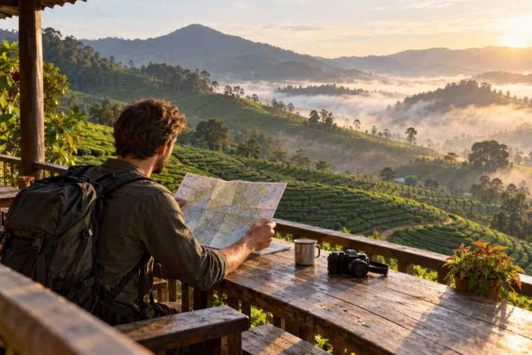 Voyageur consultant une carte face aux plantations de thé des Cameron Highlands en Malaisie
