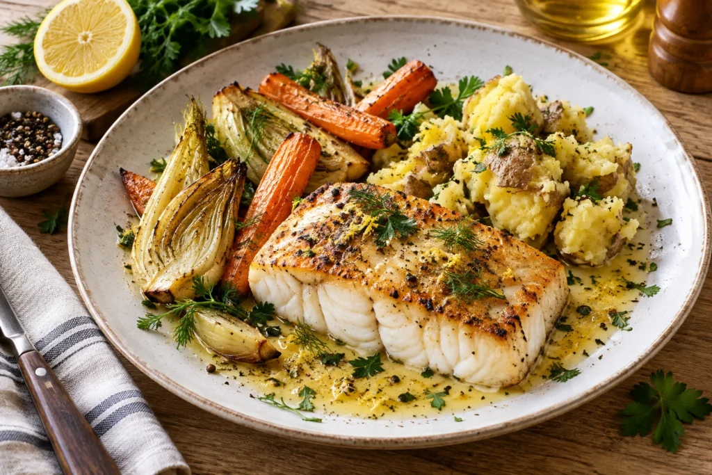 Assiette de cabillaud rôti avec fenouil, carottes, pommes de terre et sauce citron-beurre sur table en bois