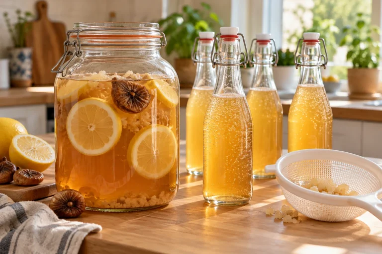 Bocal de kéfir de fruits avec figue et citron et bouteilles en verre à fermeture mécanique sur un plan de travail en bois