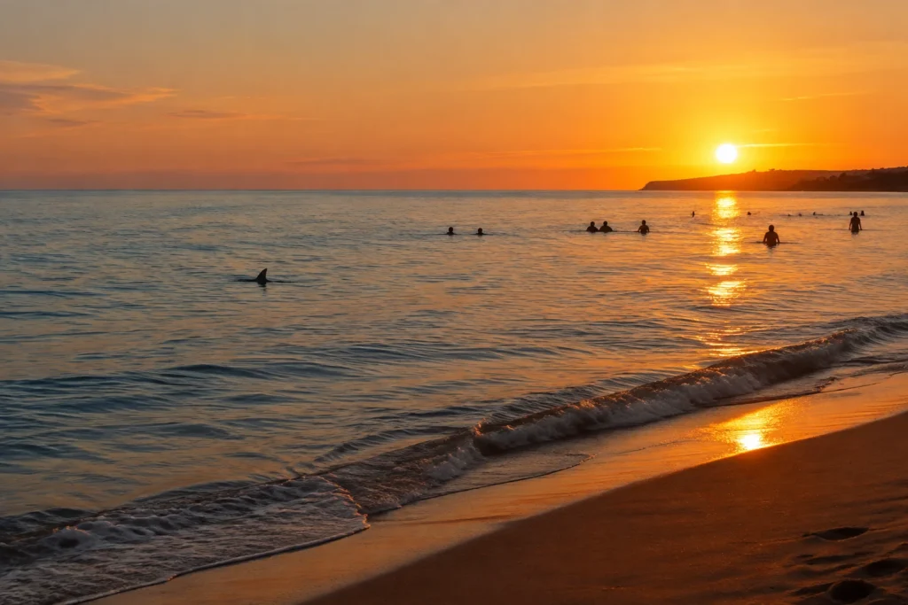Plage de sable de l'Hérault au coucher du soleil avec un aileron de requin à quelques mètres du rivage