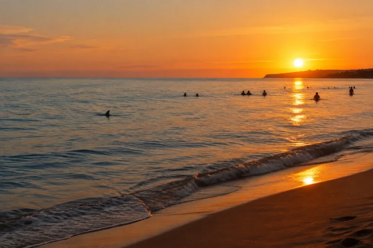 Plage de sable de l'Hérault au coucher du soleil avec un aileron de requin à quelques mètres du rivage