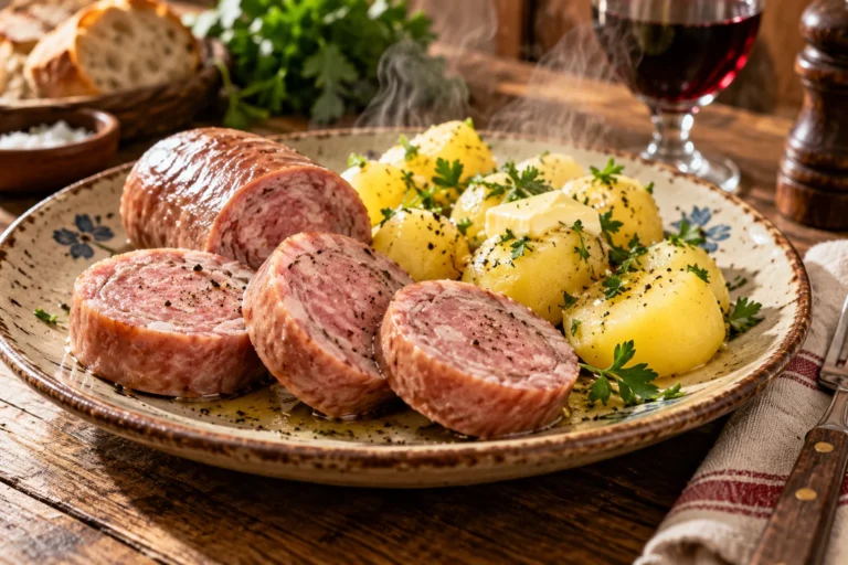Saucisson à cuire en rondelles épaisses avec pommes de terre au beurre et persil dans une assiette rustique