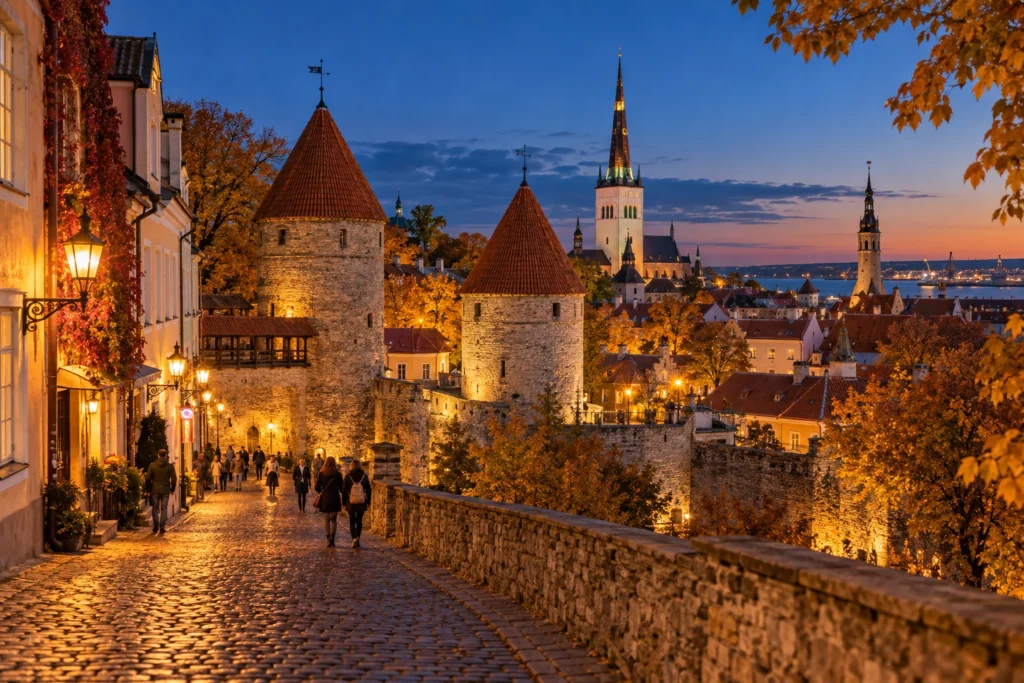 Rue pavée de la vieille ville de Tallinn au crépuscule avec des touristes